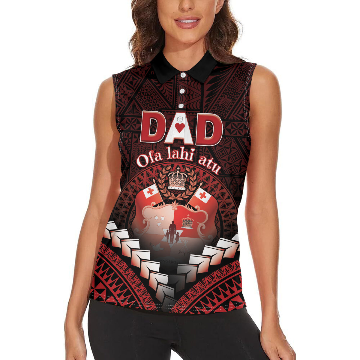 Personalised Tonga Happy Father's Day Women Sleeveless Polo Shirt Ofa Lahi Atu Dad Polynesian Tribal