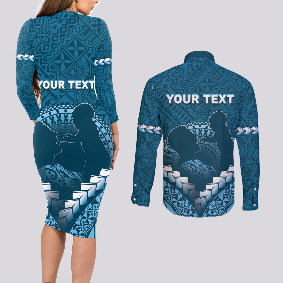 Personalised Fiji Happy Father's Day Couples Matching Long Sleeve Bodycon Dress and Long Sleeve Button Shirt Au Lomani Iko Dad Polynesian Tribal