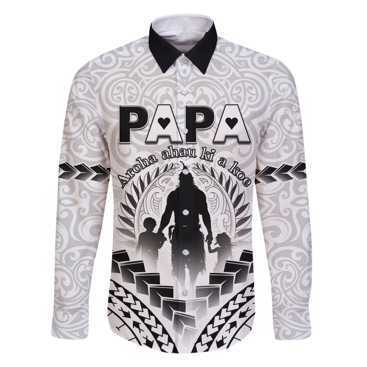 Personalised New Zealand Happy Father's Day Family Matching Long Sleeve Bodycon Dress and Hawaiian Shirt Aroha Ahau Ki A Koe Papa Polynesian Tribal LT05 Dad's Shirt - Long Sleeve White - Polynesian Pride