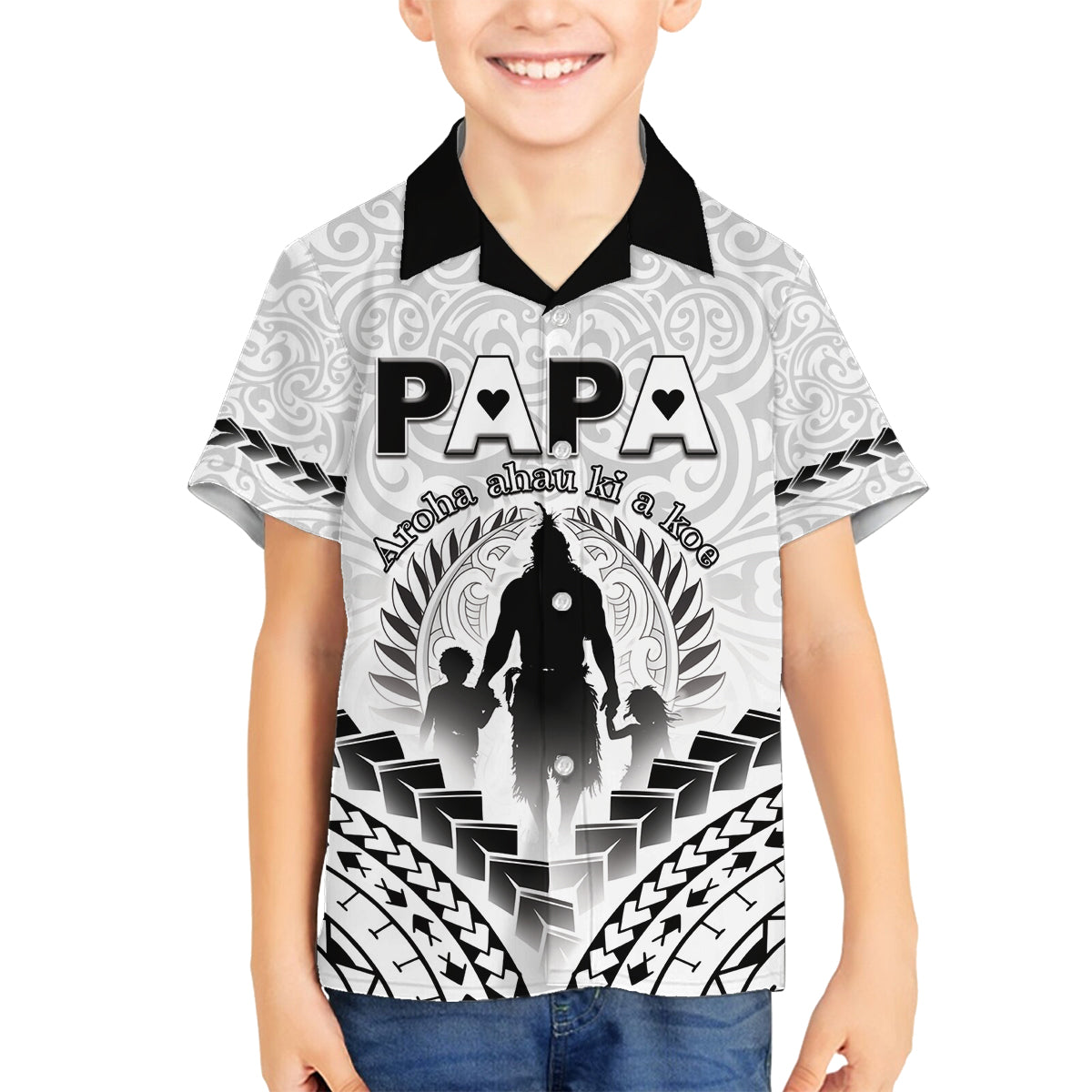 Personalised New Zealand Happy Father's Day Family Matching Long Sleeve Bodycon Dress and Hawaiian Shirt Aroha Ahau Ki A Koe Papa Polynesian Tribal LT05 Son's Shirt White - Polynesian Pride