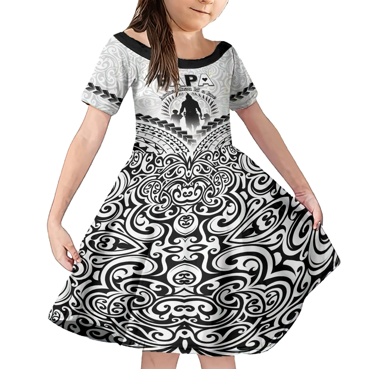Personalised New Zealand Happy Father's Day Family Matching Short Sleeve Bodycon Dress and Hawaiian Shirt Aroha Ahau Ki A Koe Papa Polynesian Tribal LT05 Daughter's Dress White - Polynesian Pride