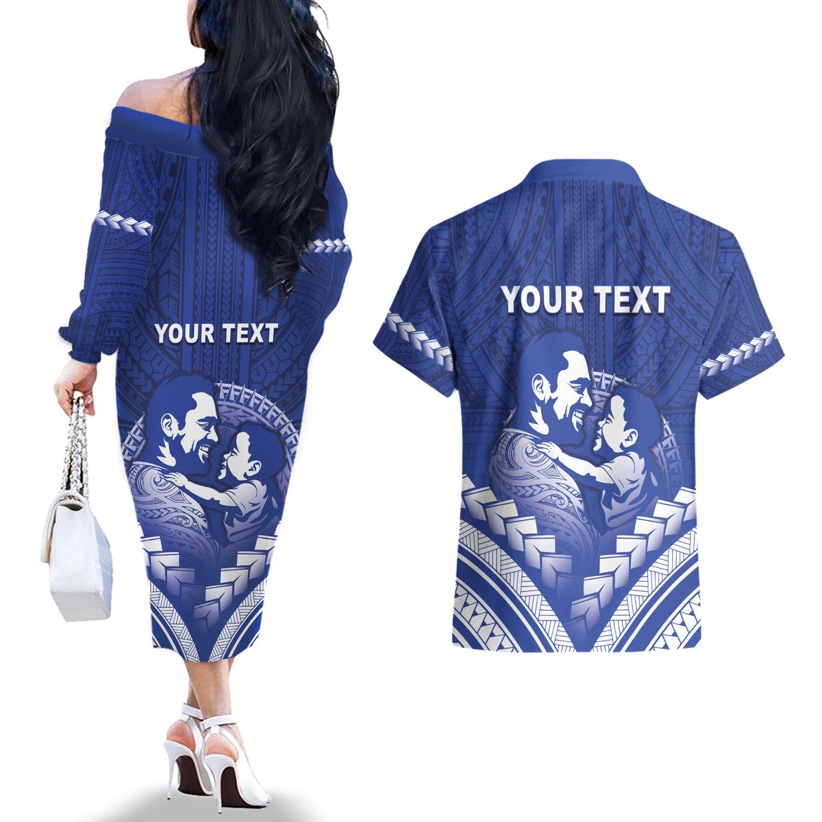 Personalised Samoa Happy Father's Day Couples Matching Off The Shoulder Long Sleeve Dress and Hawaiian Shirt Ou Te Alofa Ia Te Oe Tama Dad Polynesian Tribal LT05 - Polynesian Pride