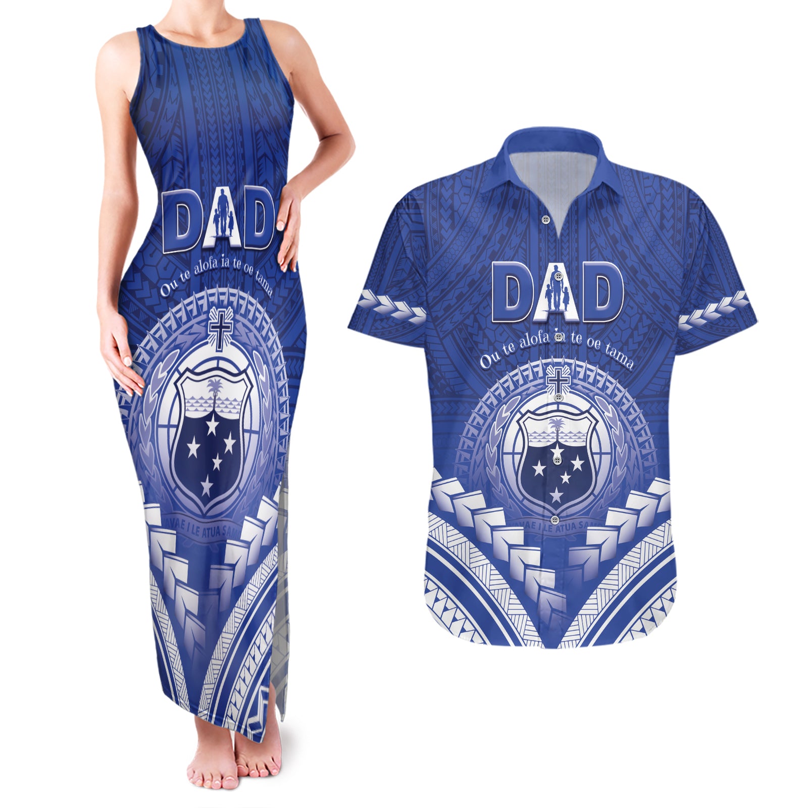 Personalised Samoa Happy Father's Day Couples Matching Tank Maxi Dress and Hawaiian Shirt Ou Te Alofa Ia Te Oe Tama Dad Polynesian Tribal LT05 Blue - Polynesian Pride