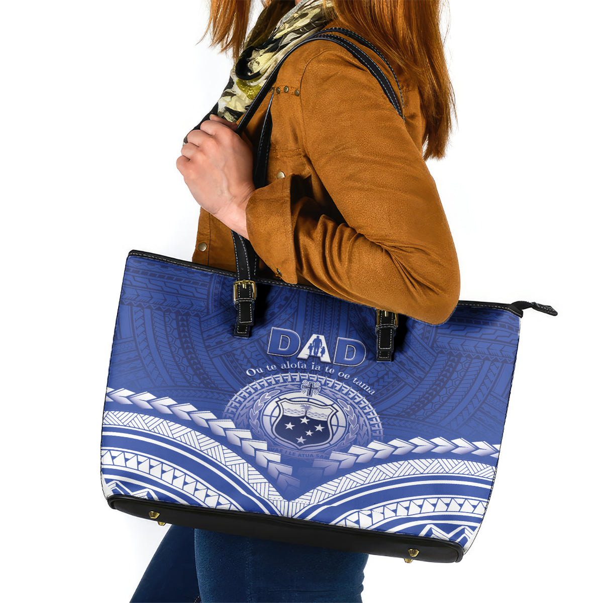 Samoa Happy Father's Day Leather Tote Bag Ou Te Alofa Ia Te Oe Tama Dad Polynesian Tribal LT05 Blue - Polynesian Pride