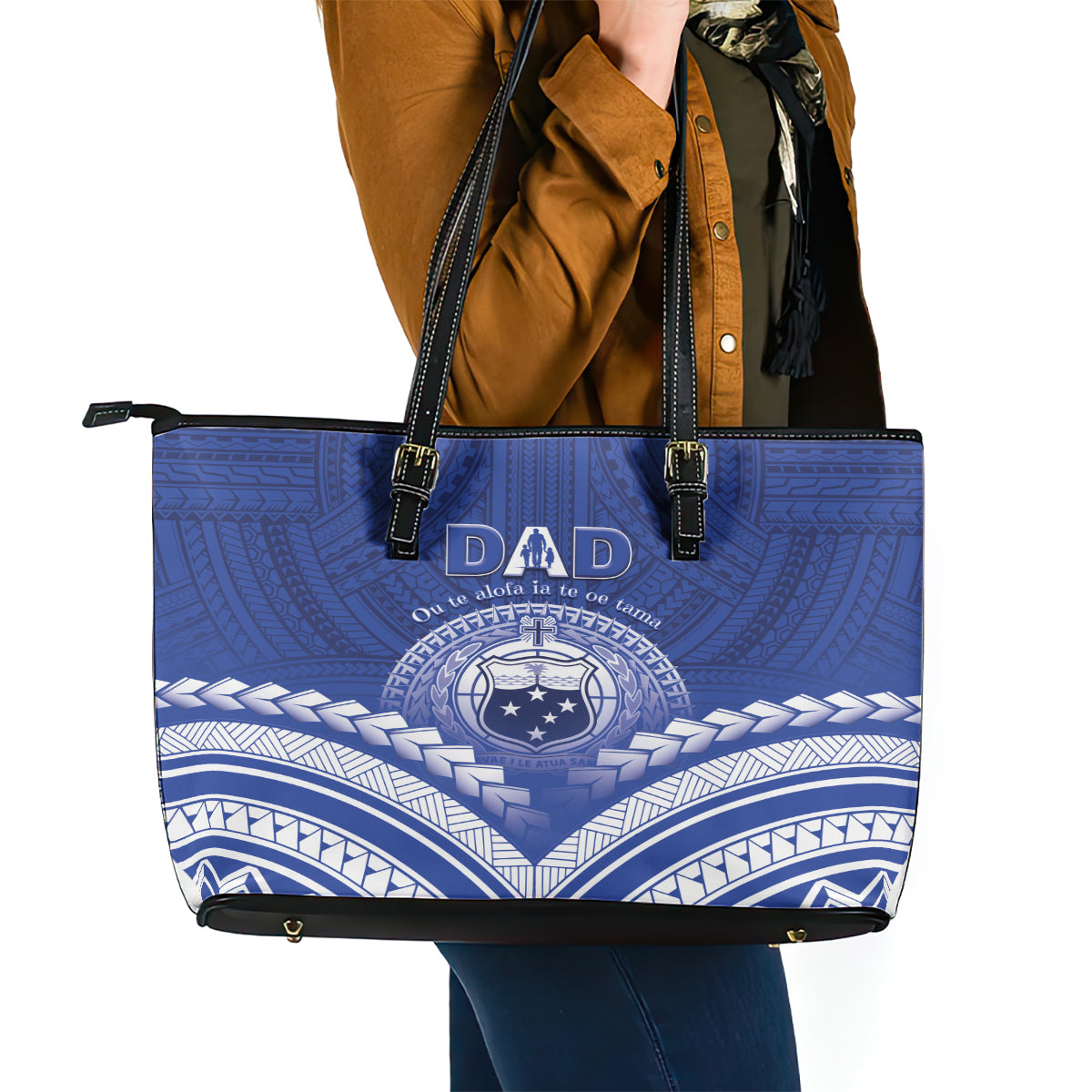 Samoa Happy Father's Day Leather Tote Bag Ou Te Alofa Ia Te Oe Tama Dad Polynesian Tribal LT05 - Polynesian Pride
