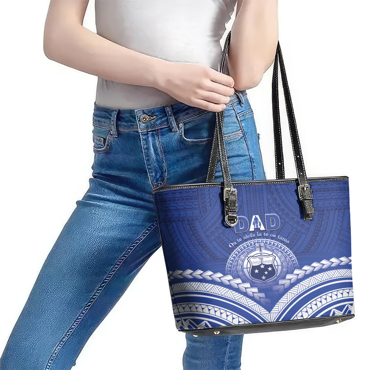 Samoa Happy Father's Day Leather Tote Bag Ou Te Alofa Ia Te Oe Tama Dad Polynesian Tribal LT05 - Polynesian Pride