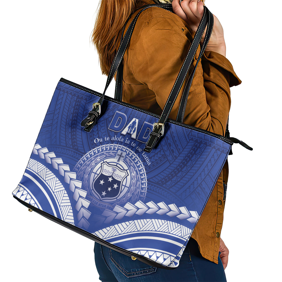 Samoa Happy Father's Day Leather Tote Bag Ou Te Alofa Ia Te Oe Tama Dad Polynesian Tribal LT05 - Polynesian Pride