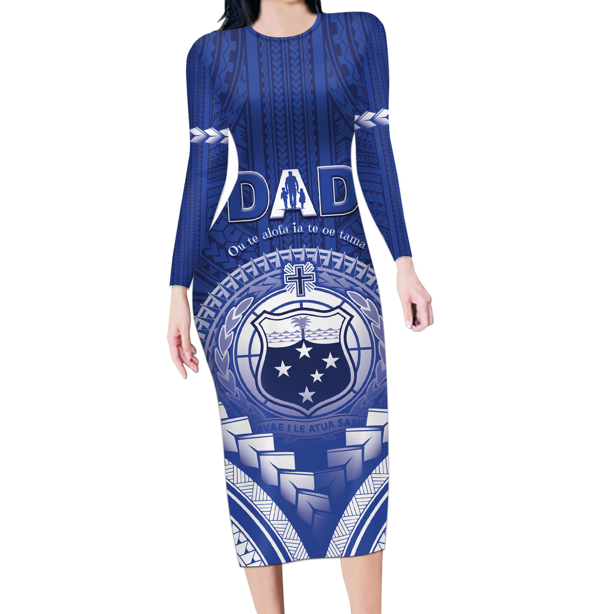Personalised Samoa Happy Father's Day Long Sleeve Bodycon Dress Ou Te Alofa Ia Te Oe Tama Dad Polynesian Tribal LT05 Long Dress Blue - Polynesian Pride