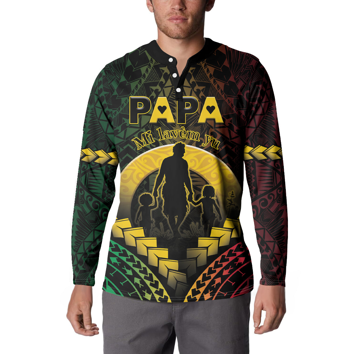 Personalised Vanuatu Happy Father's Day Button Sweatshirt Mi Lavem Yu Papa Polynesian Tribal