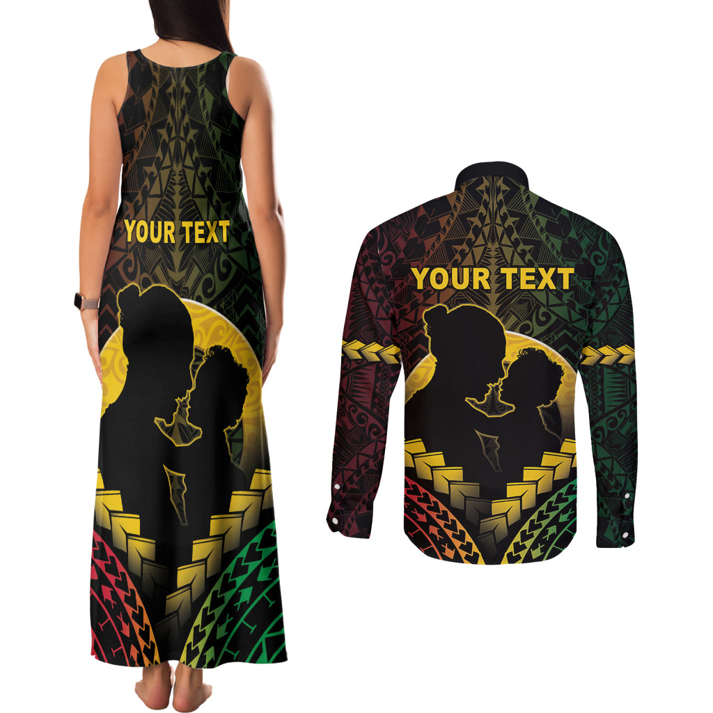 Personalised Vanuatu Happy Father's Day Couples Matching Tank Maxi Dress and Long Sleeve Button Shirt Mi Lavem Yu Papa Polynesian Tribal