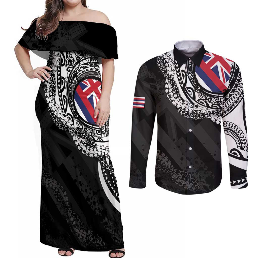 Hawaii Flag Day Couples Matching Off Shoulder Maxi Dress and Long Sleeve Button Shirt Hawaiian Maile Lei LT05 Black - Polynesian Pride