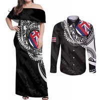 Hawaii Flag Day Couples Matching Off Shoulder Maxi Dress and Long Sleeve Button Shirt Hawaiian Maile Lei LT05 Black - Polynesian Pride