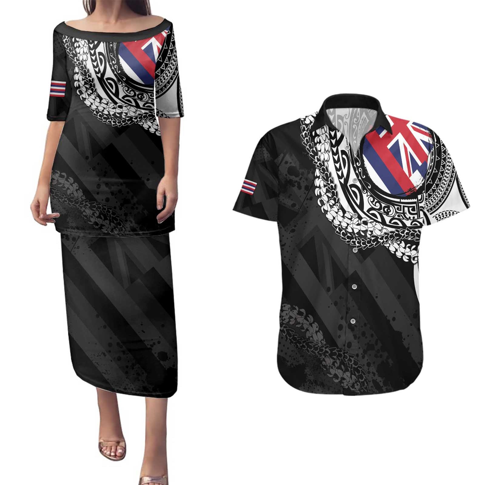 Hawaii Flag Day Couples Matching Puletasi and Hawaiian Shirt Hawaiian Maile Lei LT05 Black - Polynesian Pride