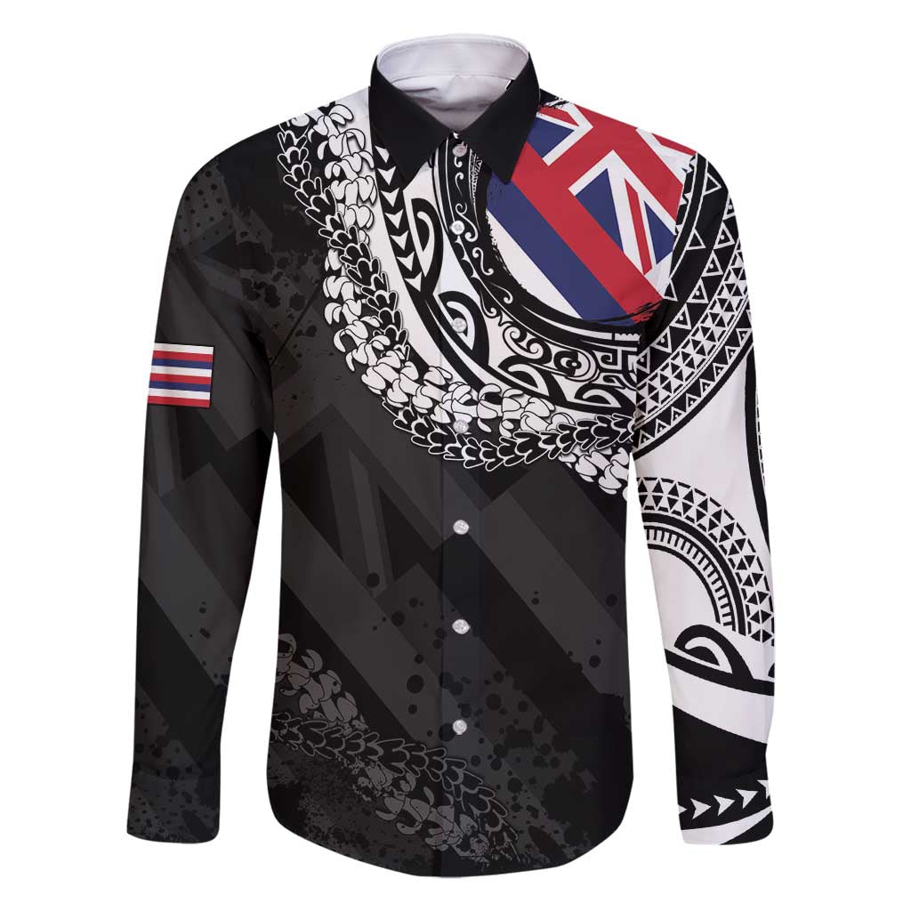 Hawaii Flag Day Family Matching Long Sleeve Bodycon Dress and Hawaiian Shirt Hawaiian Maile Lei LT05 Dad's Shirt - Long Sleeve Black - Polynesian Pride