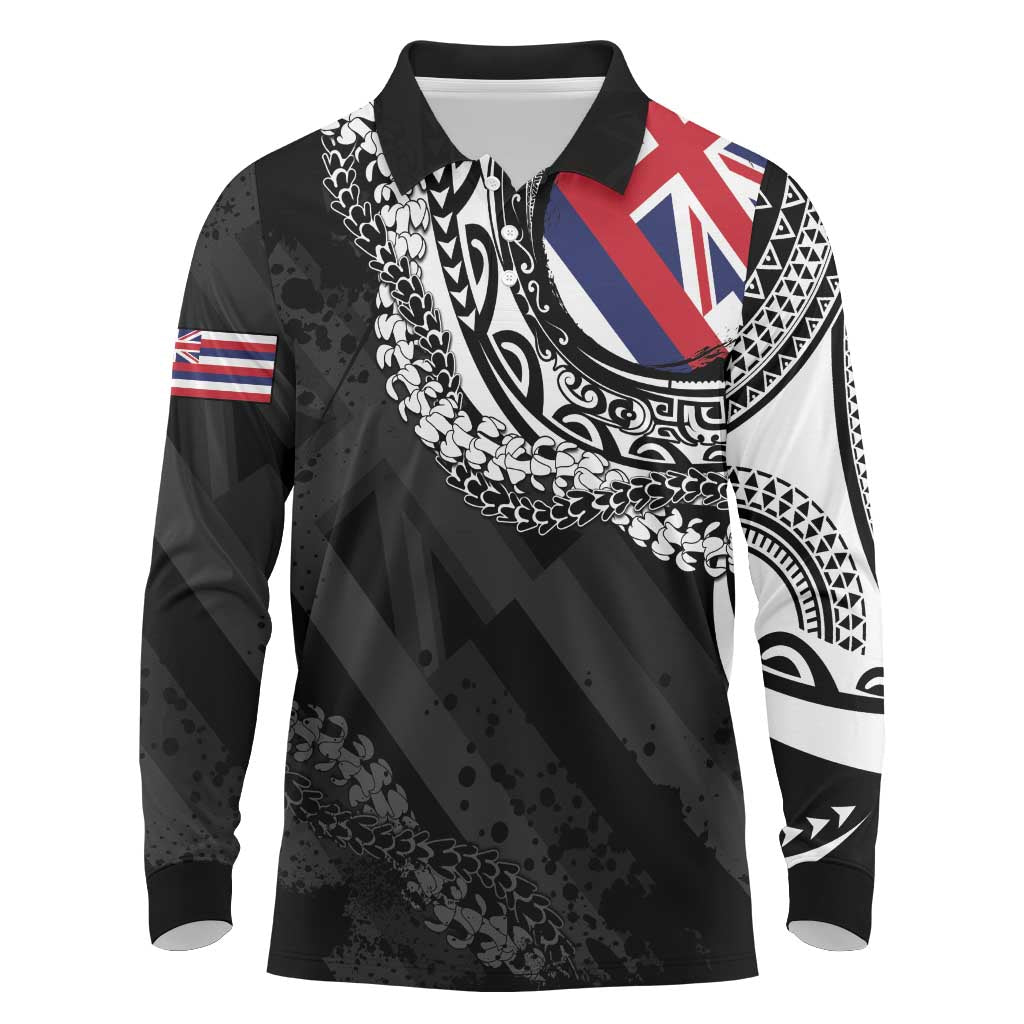 Hawaii Flag Day Long Sleeve Polo Shirt Hawaiian Maile Lei LT05 Black - Polynesian Pride