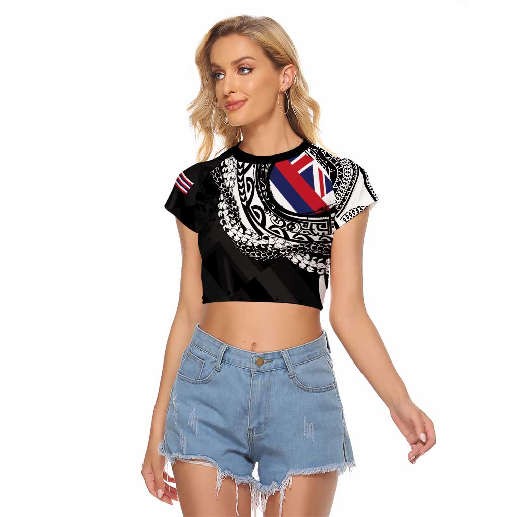 Hawaii Flag Day Raglan Cropped T Shirt Hawaiian Maile Lei LT05 Female Black - Polynesian Pride