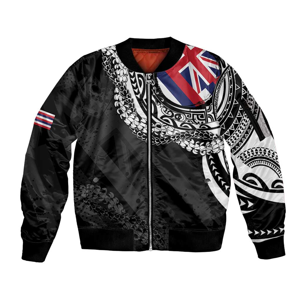 Hawaii Flag Day Sleeve Zip Bomber Jacket Hawaiian Maile Lei LT05 Unisex Black - Polynesian Pride