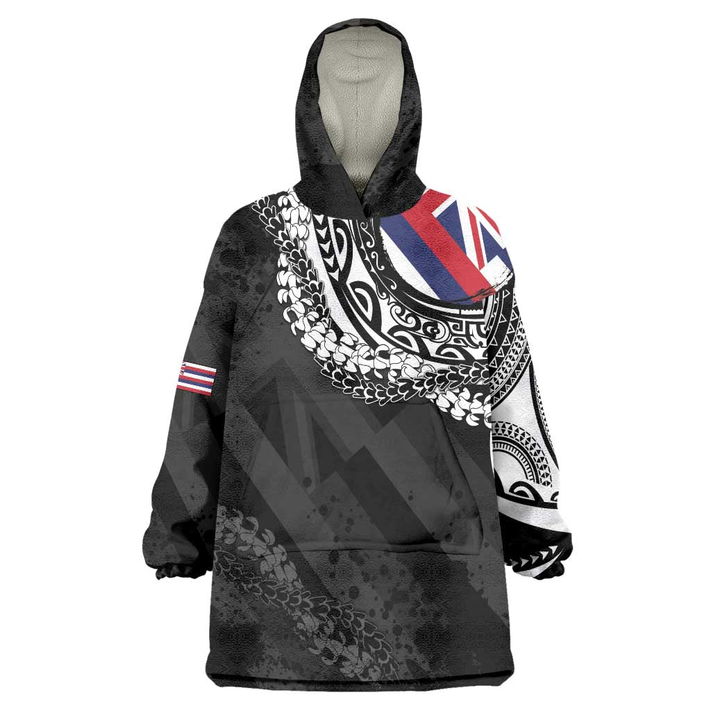 Hawaii Flag Day Wearable Blanket Hoodie Hawaiian Maile Lei LT05 One Size Black - Polynesian Pride