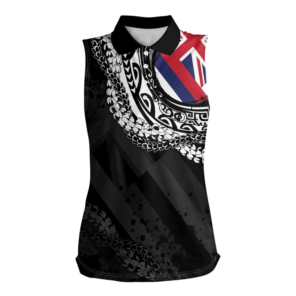 Hawaii Flag Day Women Sleeveless Polo Shirt Hawaiian Maile Lei LT05 Female Black - Polynesian Pride