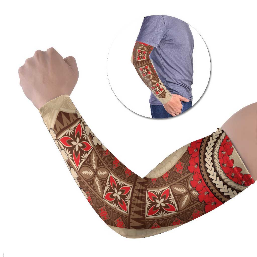 Samoa Language Week Arm Sleeves Samoan Motif With Red Hibiscus LT05 Set of 2 Beige - Polynesian Pride