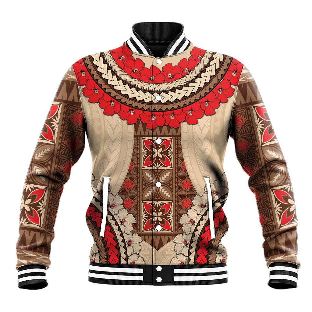 Samoa Language Week Baseball Jacket Samoan Motif With Red Hibiscus LT05 Unisex Beige - Polynesian Pride