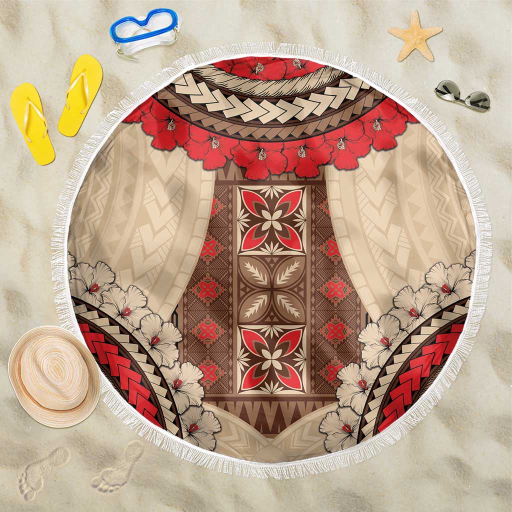 Samoa Language Week Beach Blanket Samoan Motif With Red Hibiscus LT05 One Size 150cm Beige - Polynesian Pride