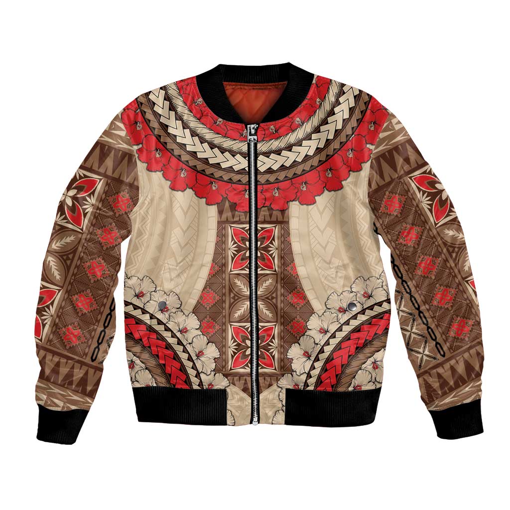 Samoa Language Week Bomber Jacket Samoan Motif With Red Hibiscus LT05 Unisex Beige - Polynesian Pride