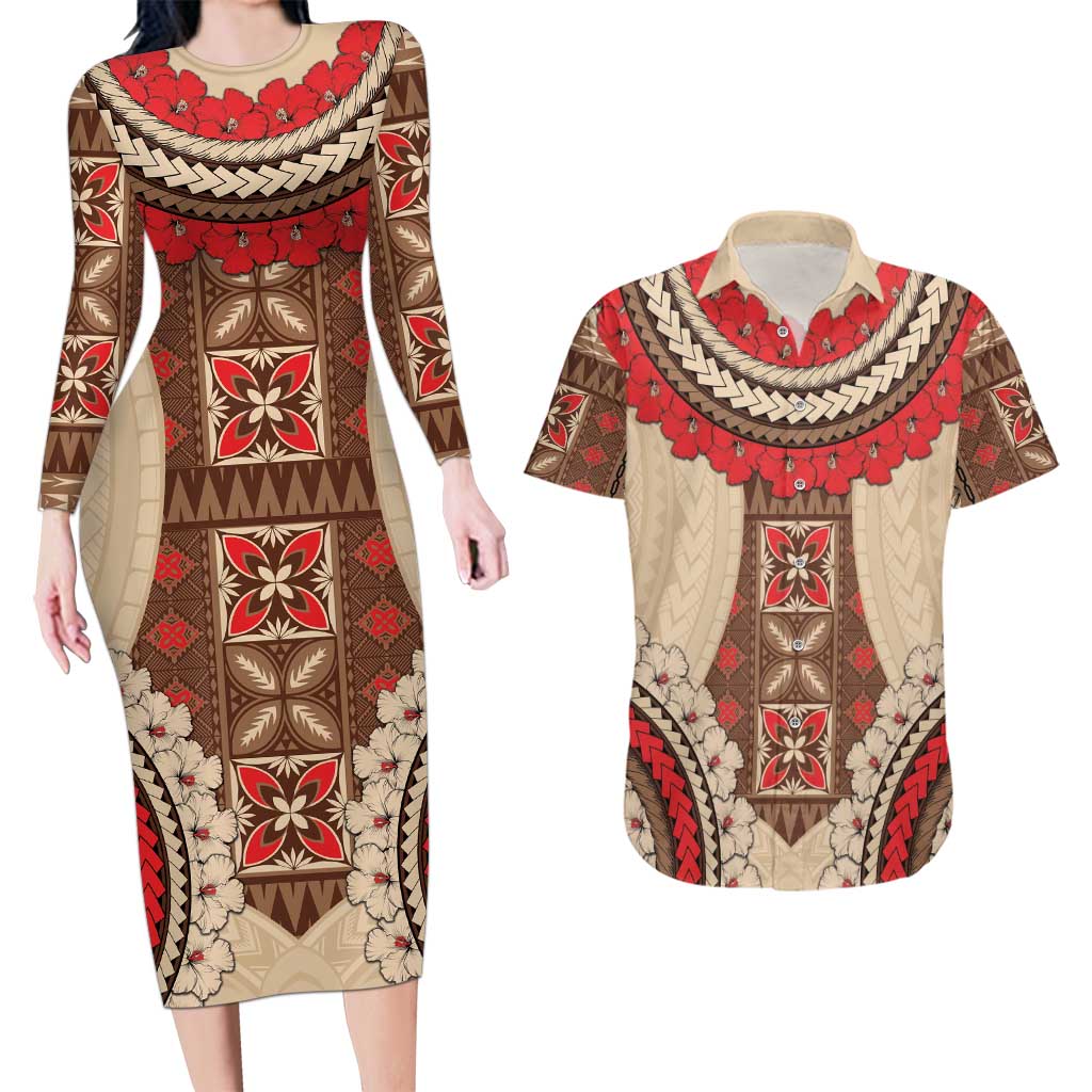 Samoa Language Week Couples Matching Long Sleeve Bodycon Dress and Hawaiian Shirt Samoan Motif With Red Hibiscus LT05 Beige - Polynesian Pride