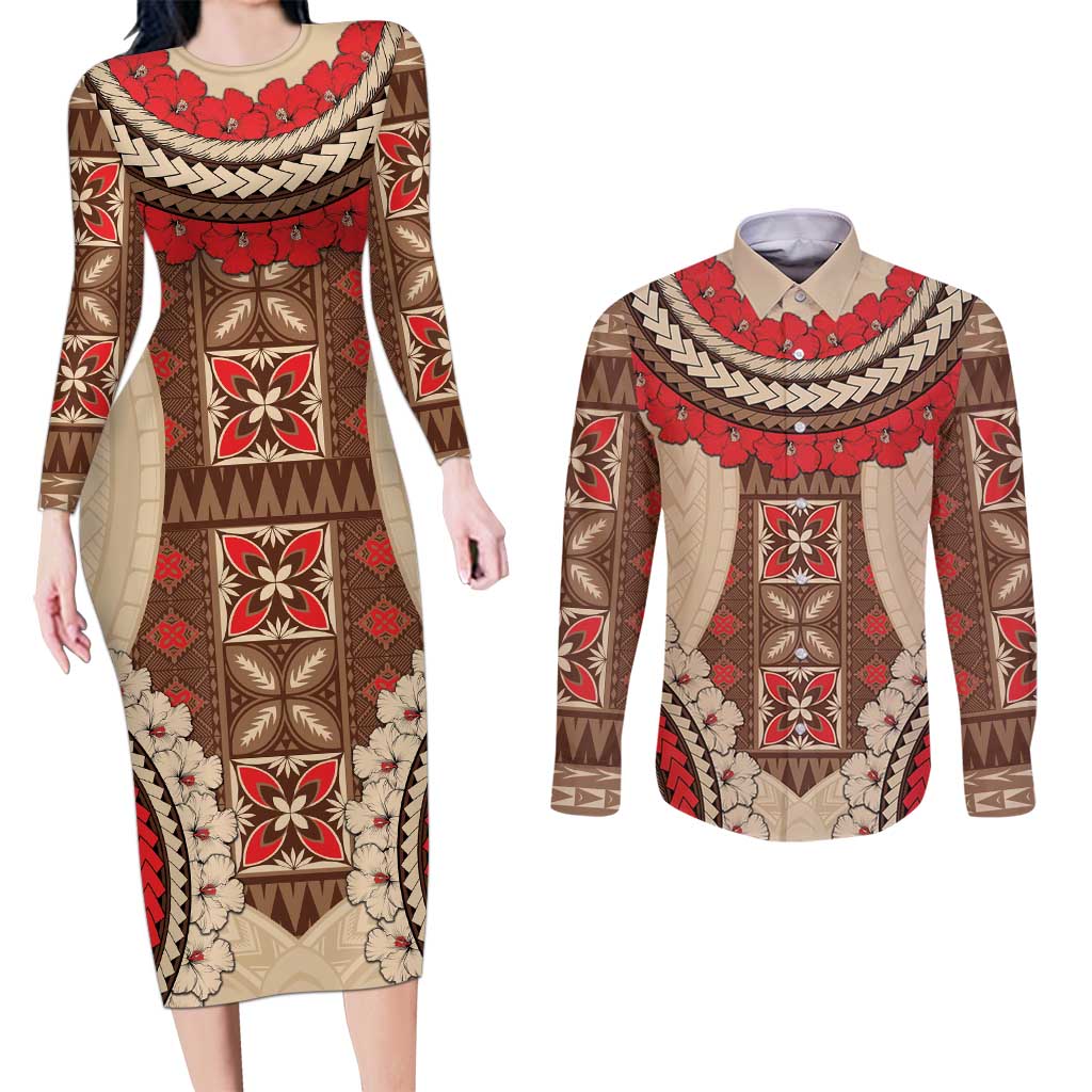 Samoa Language Week Couples Matching Long Sleeve Bodycon Dress and Long Sleeve Button Shirt Samoan Motif With Red Hibiscus LT05 Beige - Polynesian Pride