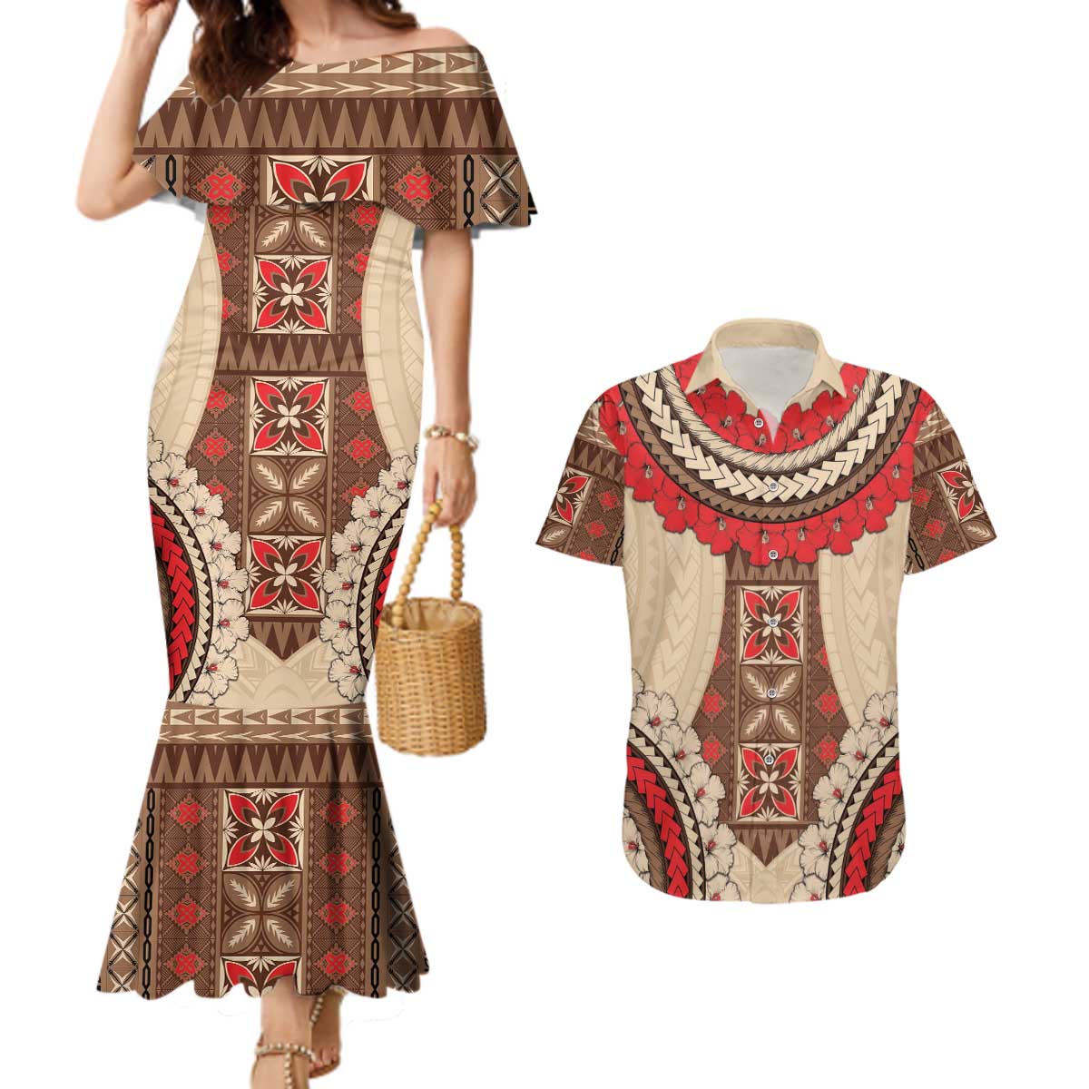Samoa Language Week Couples Matching Mermaid Dress and Hawaiian Shirt Samoan Motif With Red Hibiscus LT05 Beige - Polynesian Pride