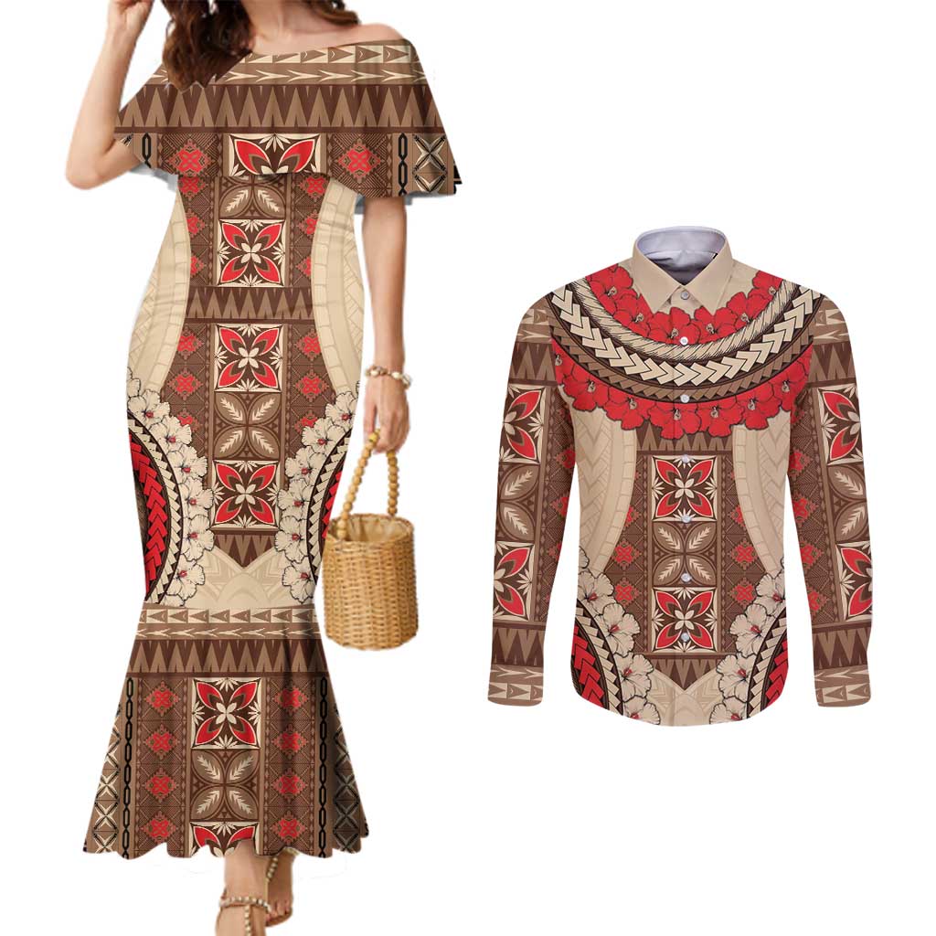 Samoa Language Week Couples Matching Mermaid Dress and Long Sleeve Button Shirt Samoan Motif With Red Hibiscus LT05 Beige - Polynesian Pride