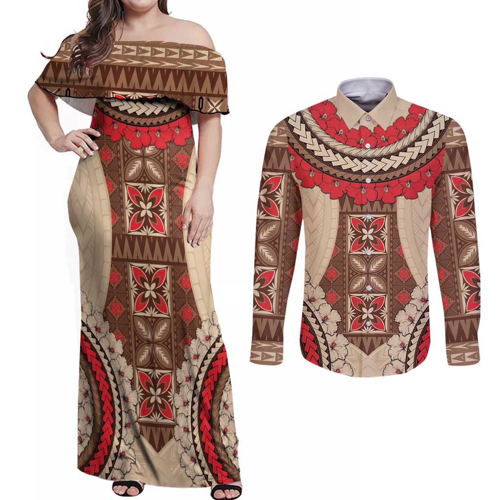 Samoa Language Week Couples Matching Off Shoulder Maxi Dress and Long Sleeve Button Shirt Samoan Motif With Red Hibiscus LT05 Beige - Polynesian Pride