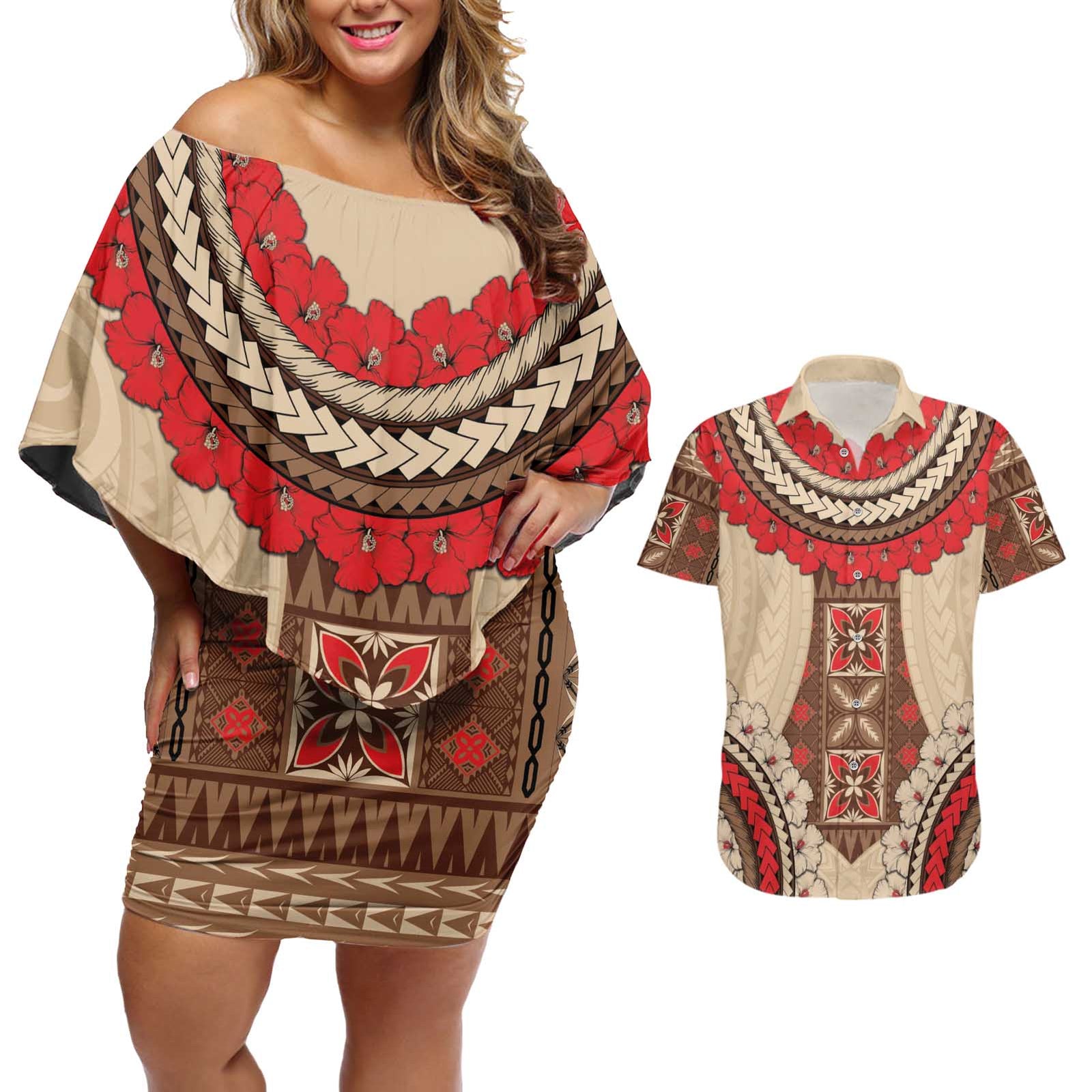 Samoa Language Week Couples Matching Off Shoulder Short Dress and Hawaiian Shirt Samoan Motif With Red Hibiscus LT05 Beige - Polynesian Pride