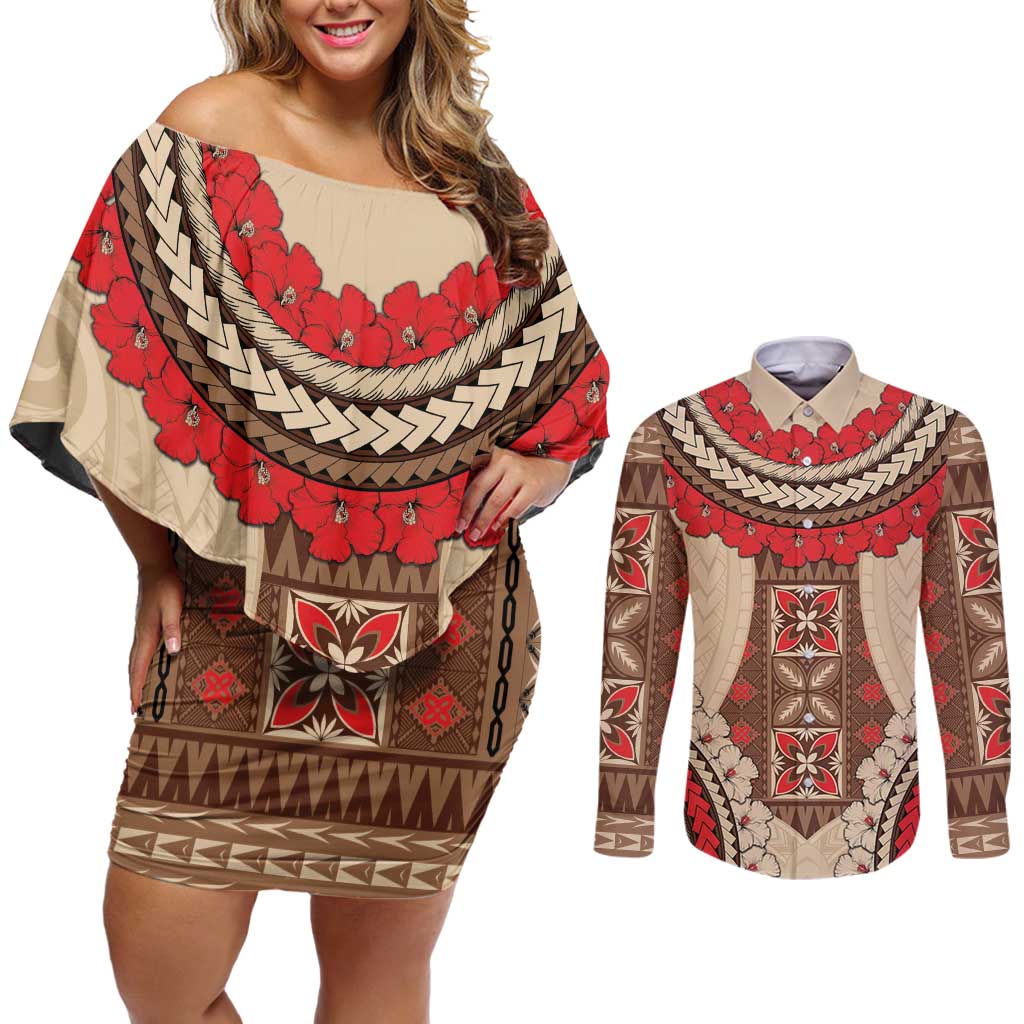 Samoa Language Week Couples Matching Off Shoulder Short Dress and Long Sleeve Button Shirt Samoan Motif With Red Hibiscus LT05 Beige - Polynesian Pride