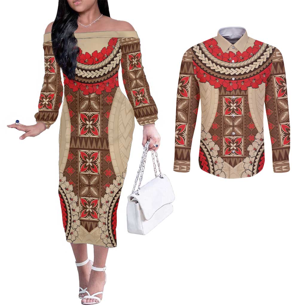 Samoa Language Week Couples Matching Off The Shoulder Long Sleeve Dress and Long Sleeve Button Shirt Samoan Motif With Red Hibiscus LT05 Beige - Polynesian Pride