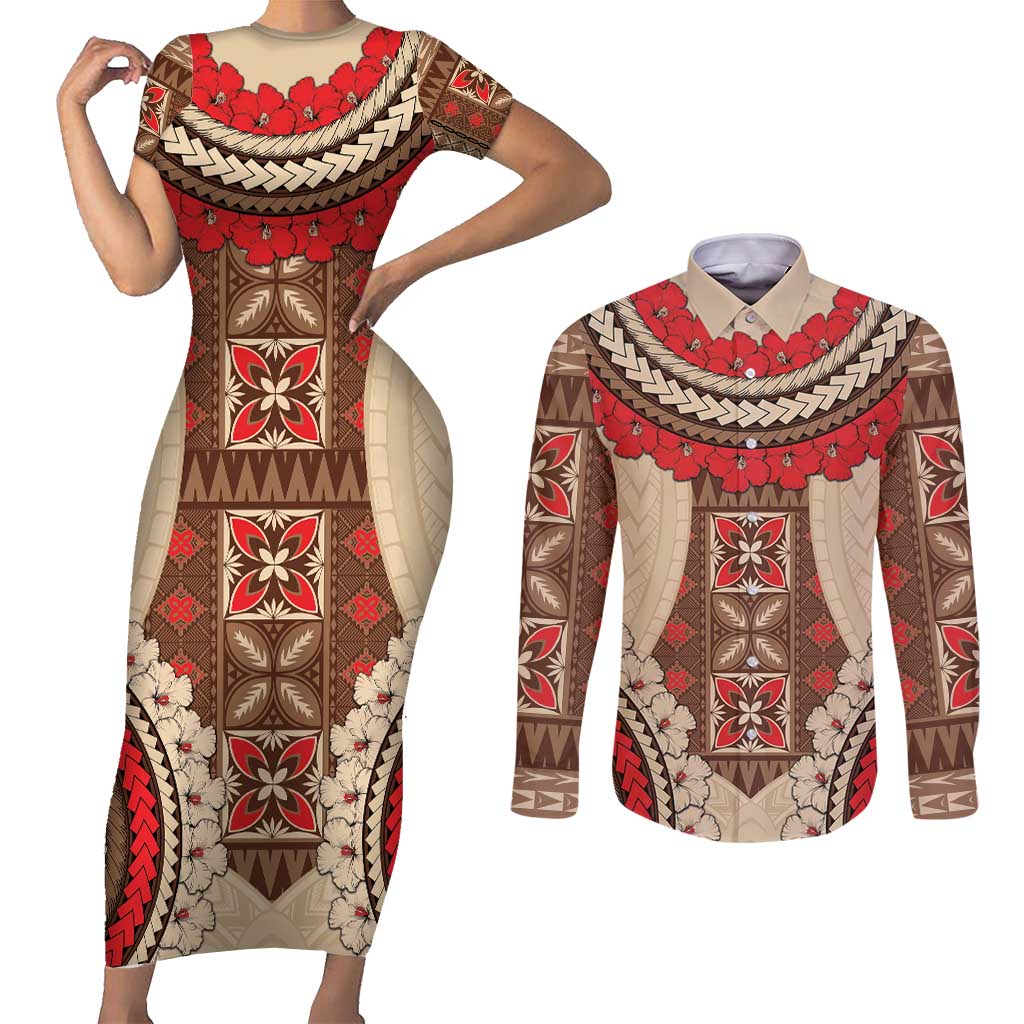 Samoa Language Week Couples Matching Short Sleeve Bodycon Dress and Long Sleeve Button Shirt Samoan Motif With Red Hibiscus LT05 Beige - Polynesian Pride