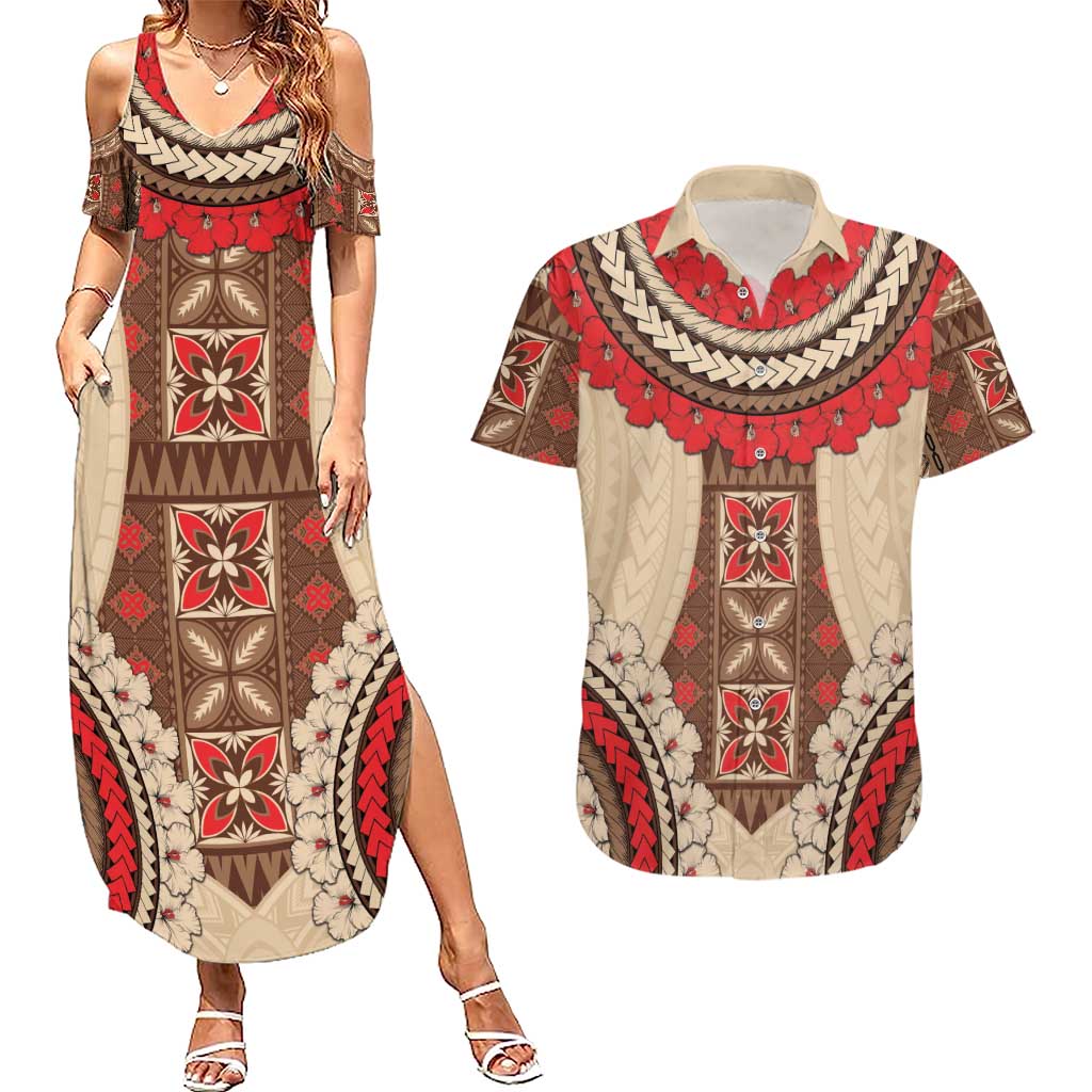 Samoa Language Week Couples Matching Summer Maxi Dress and Hawaiian Shirt Samoan Motif With Red Hibiscus LT05 Beige - Polynesian Pride