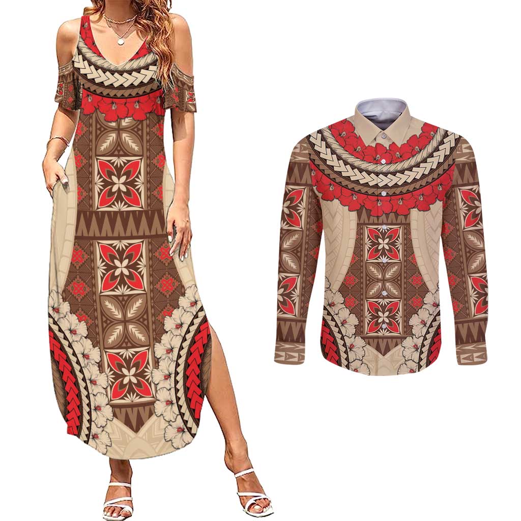 Samoa Language Week Couples Matching Summer Maxi Dress and Long Sleeve Button Shirt Samoan Motif With Red Hibiscus LT05 Beige - Polynesian Pride
