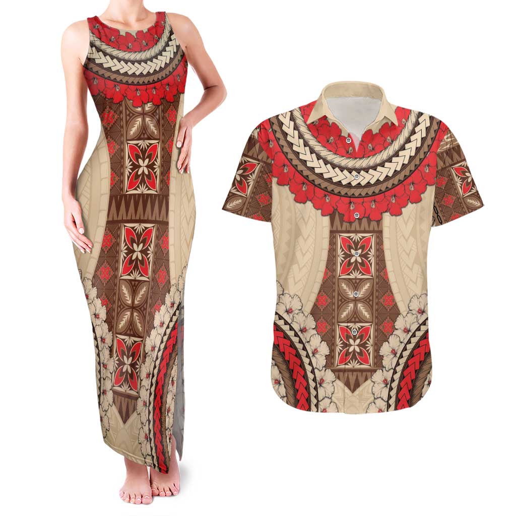 Samoa Language Week Couples Matching Tank Maxi Dress and Hawaiian Shirt Samoan Motif With Red Hibiscus LT05 Beige - Polynesian Pride