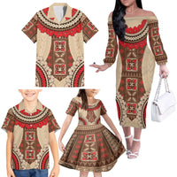Samoa Language Week Family Matching Off The Shoulder Long Sleeve Dress and Hawaiian Shirt Samoan Motif With Red Hibiscus