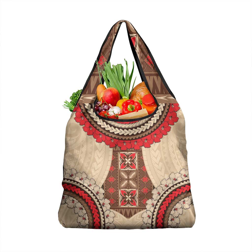 Samoa Language Week Grocery Bag Samoan Motif With Red Hibiscus