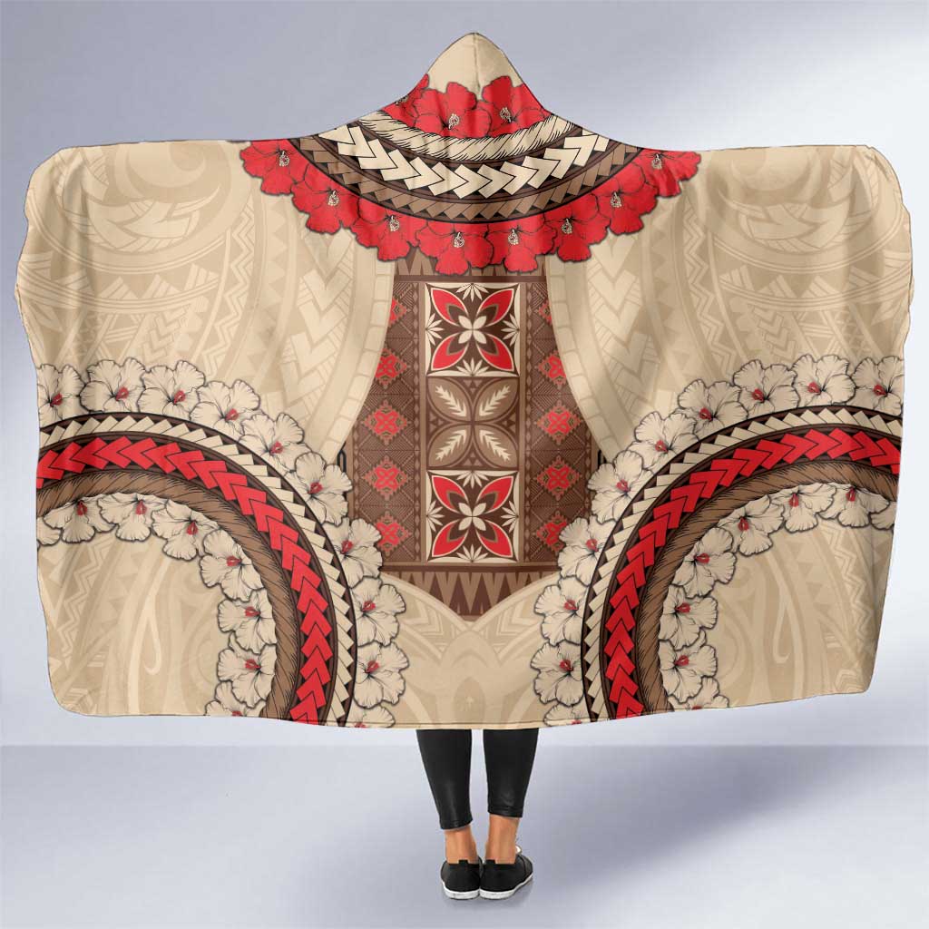 Samoa Language Week Hooded Blanket Samoan Motif With Red Hibiscus LT05 One Size Beige - Polynesian Pride