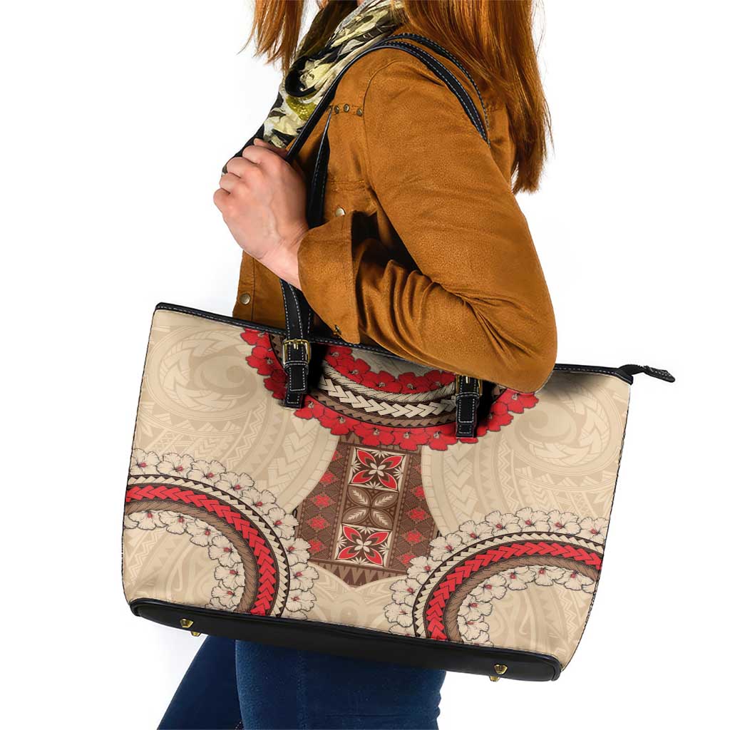 Samoa Language Week Leather Tote Bag Samoan Motif With Red Hibiscus LT05 Beige - Polynesian Pride