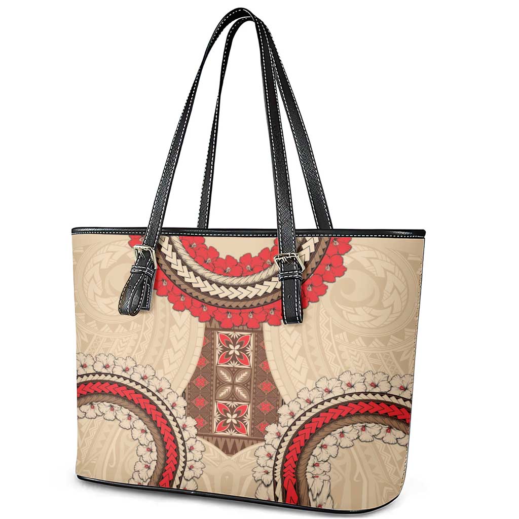 Samoa Language Week Leather Tote Bag Samoan Motif With Red Hibiscus LT05 - Polynesian Pride