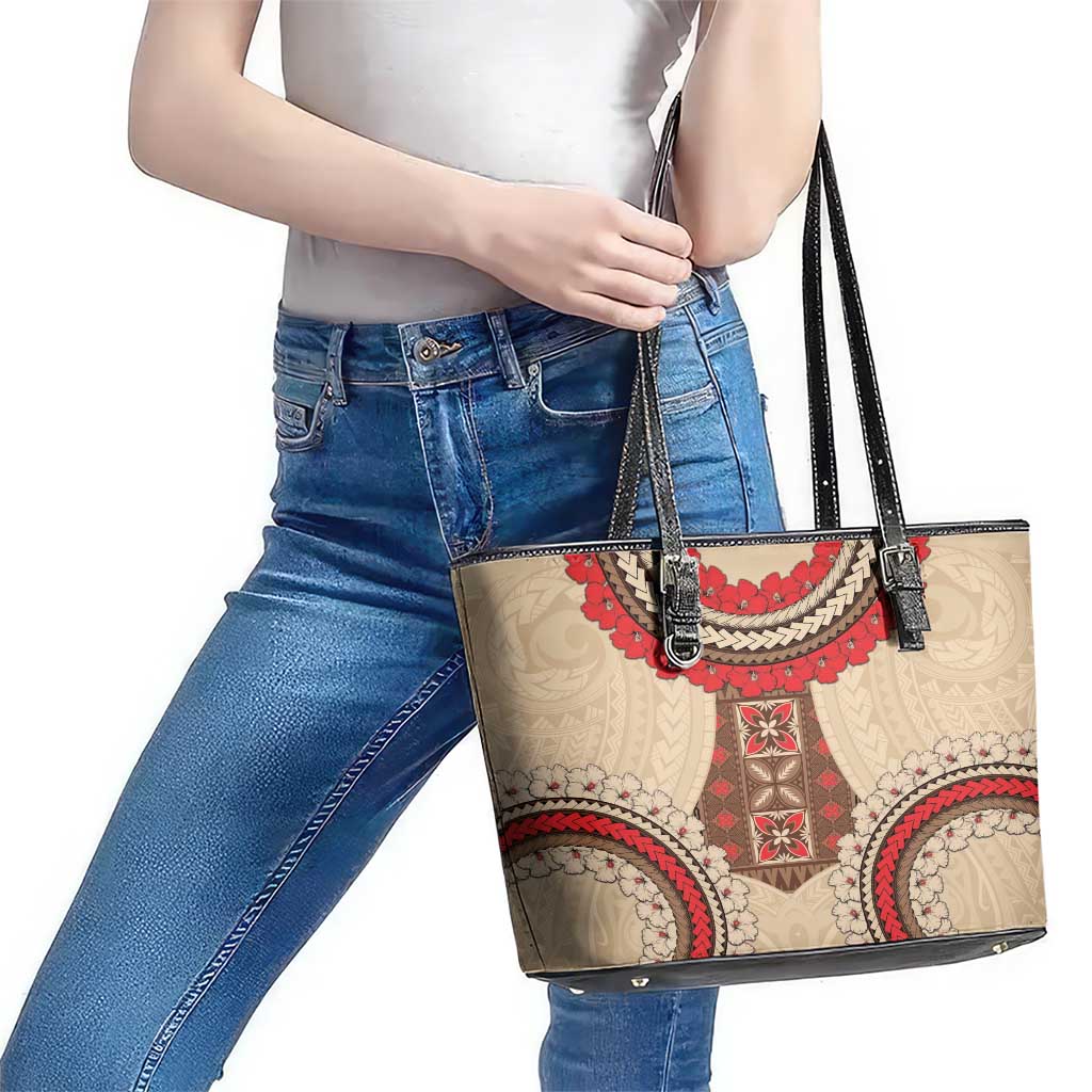 Samoa Language Week Leather Tote Bag Samoan Motif With Red Hibiscus LT05 - Polynesian Pride