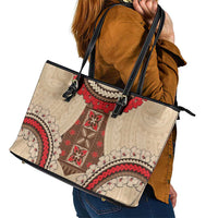 Samoa Language Week Leather Tote Bag Samoan Motif With Red Hibiscus LT05 - Polynesian Pride