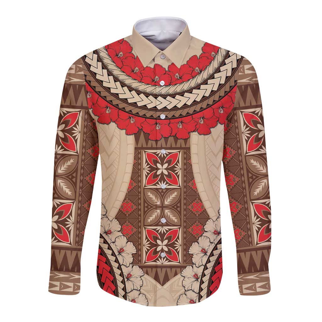 Samoa Language Week Long Sleeve Button Shirt Samoan Motif With Red Hibiscus LT05 Unisex Beige - Polynesian Pride