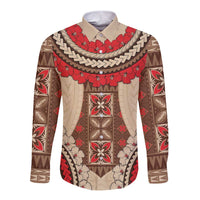 Samoa Language Week Long Sleeve Button Shirt Samoan Motif With Red Hibiscus LT05 Unisex Beige - Polynesian Pride