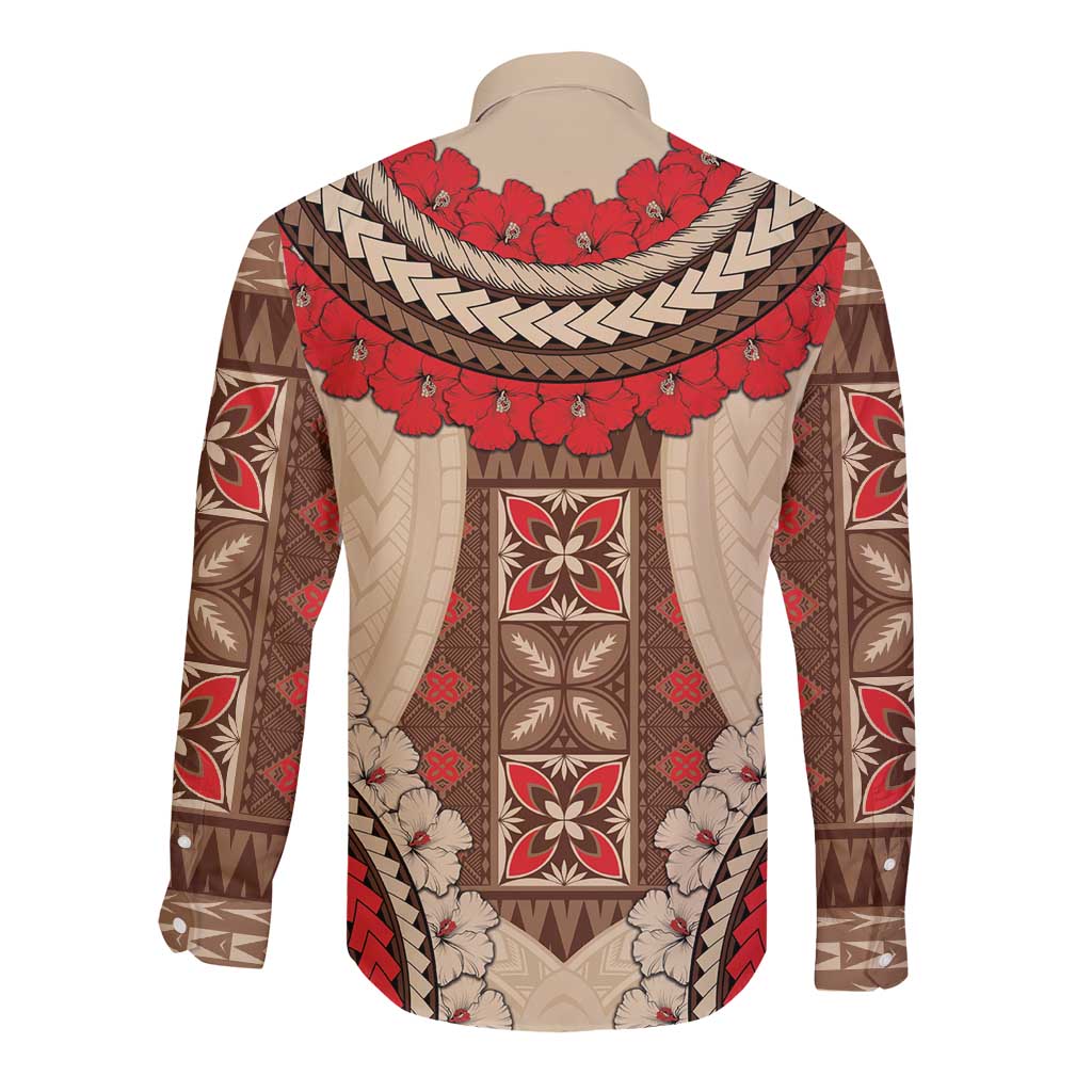 Samoa Language Week Long Sleeve Button Shirt Samoan Motif With Red Hibiscus LT05 - Polynesian Pride