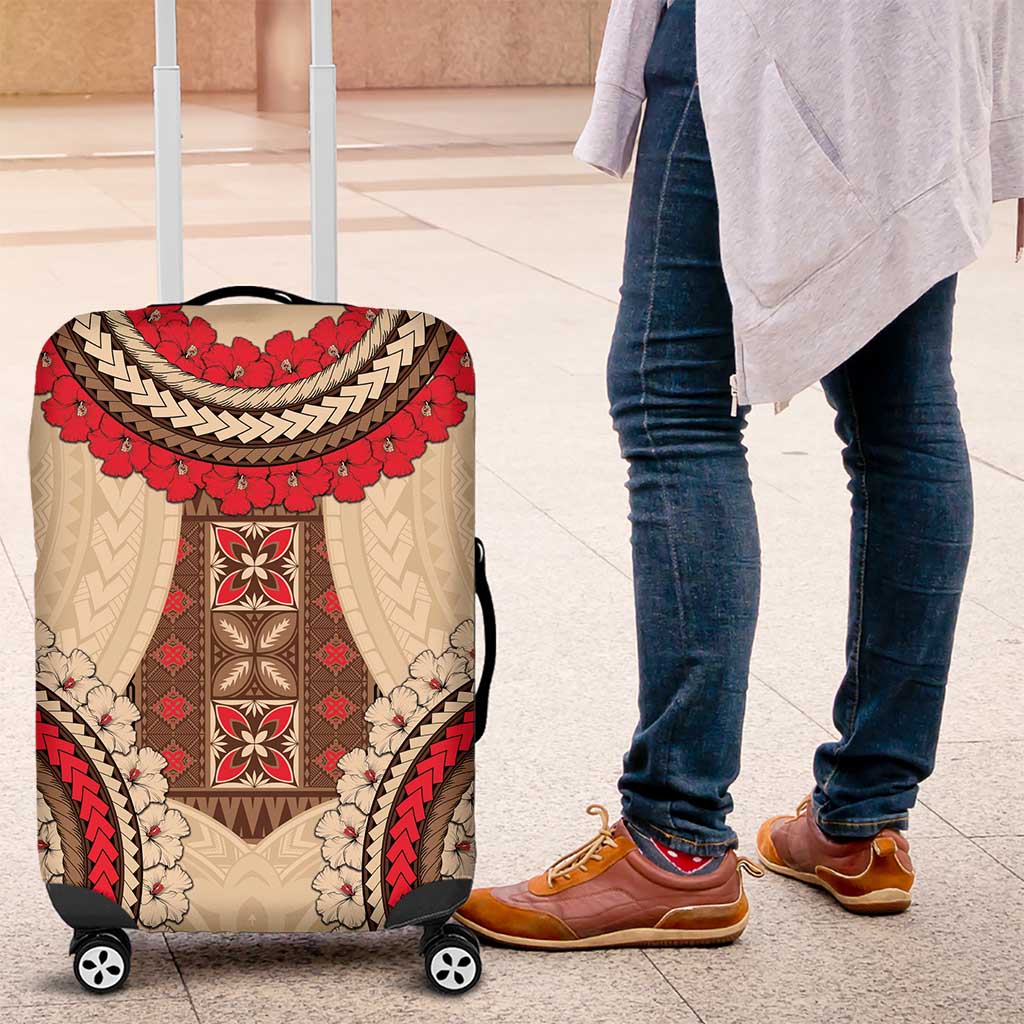 Samoa Language Week Luggage Cover Samoan Motif With Red Hibiscus LT05 Beige - Polynesian Pride